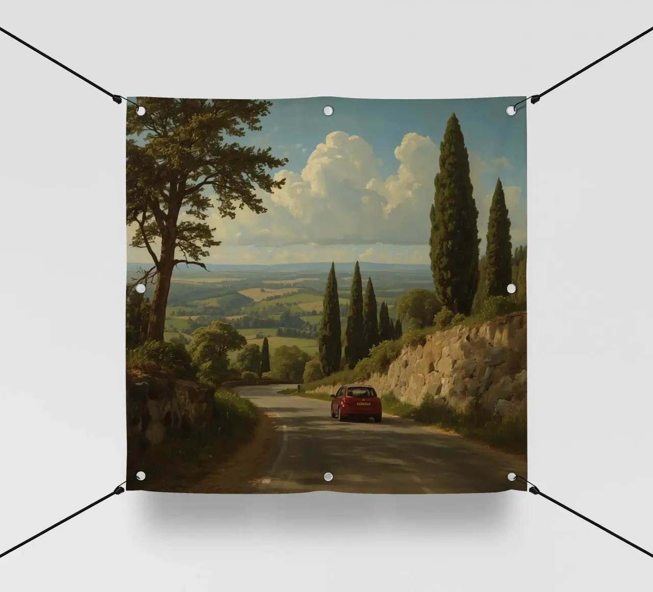 Superbe vue de la campagne avec une voiture roulant le long d'une route sinueuse. bâche pvc de DesignDoodle
