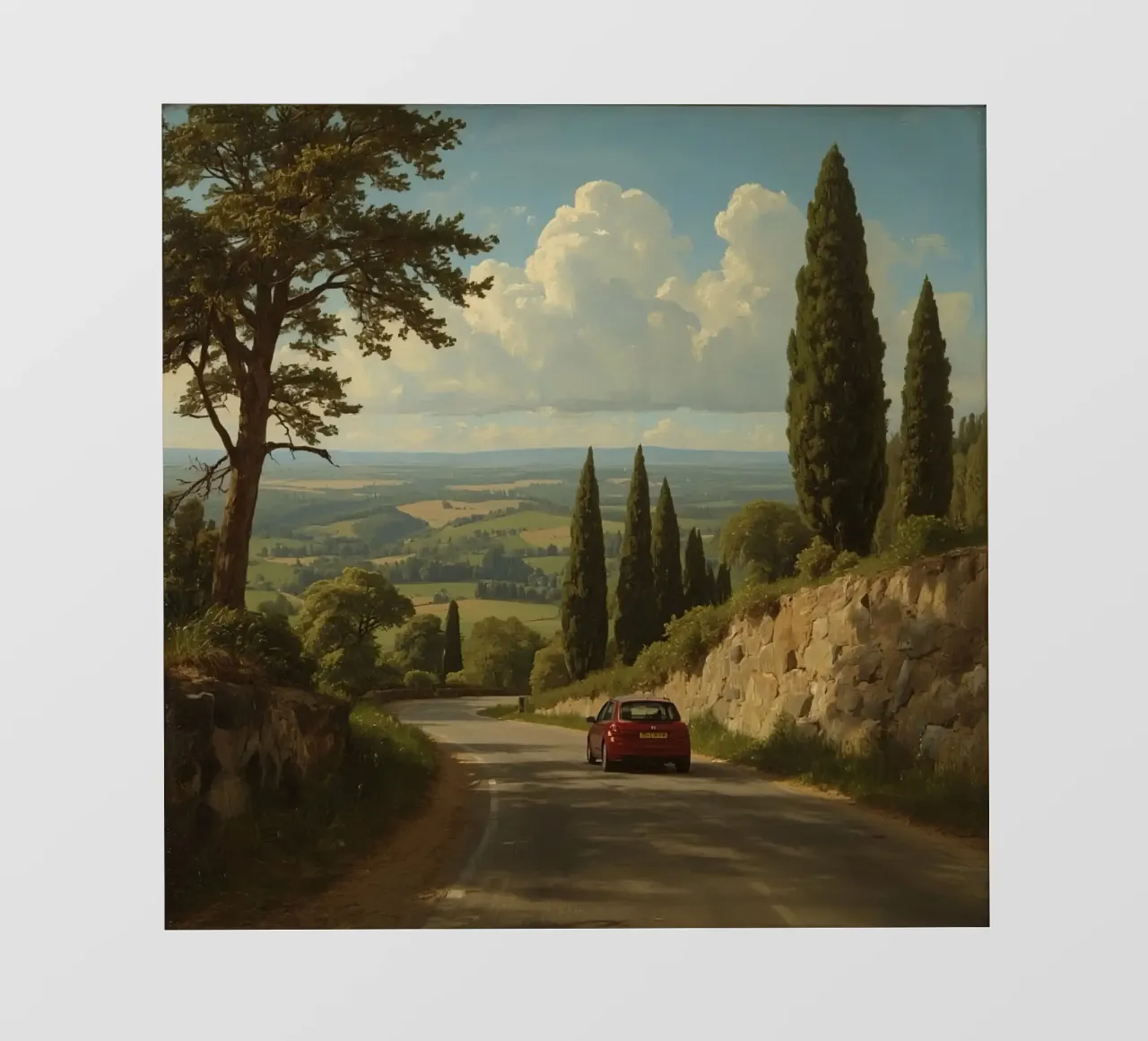 Superbe vue de la campagne avec une voiture roulant le long d'une route sinueuse. bâche pvc de DesignDoodle