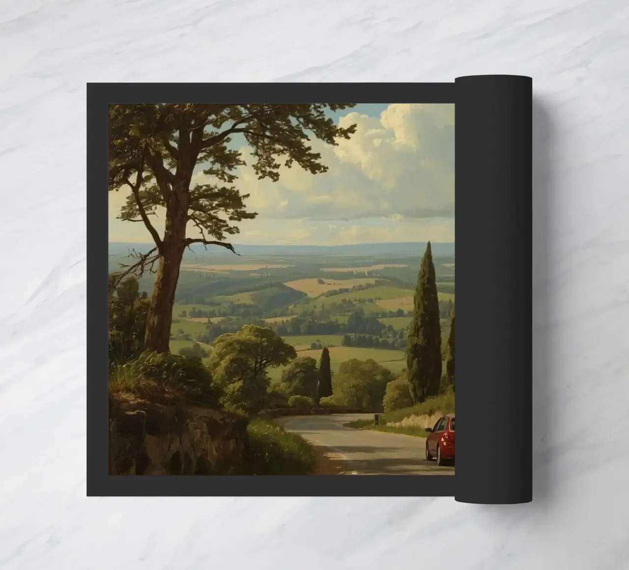 Superbe vue de la campagne avec une voiture roulant le long d'une route sinueuse. paillasson de DesignDoodle