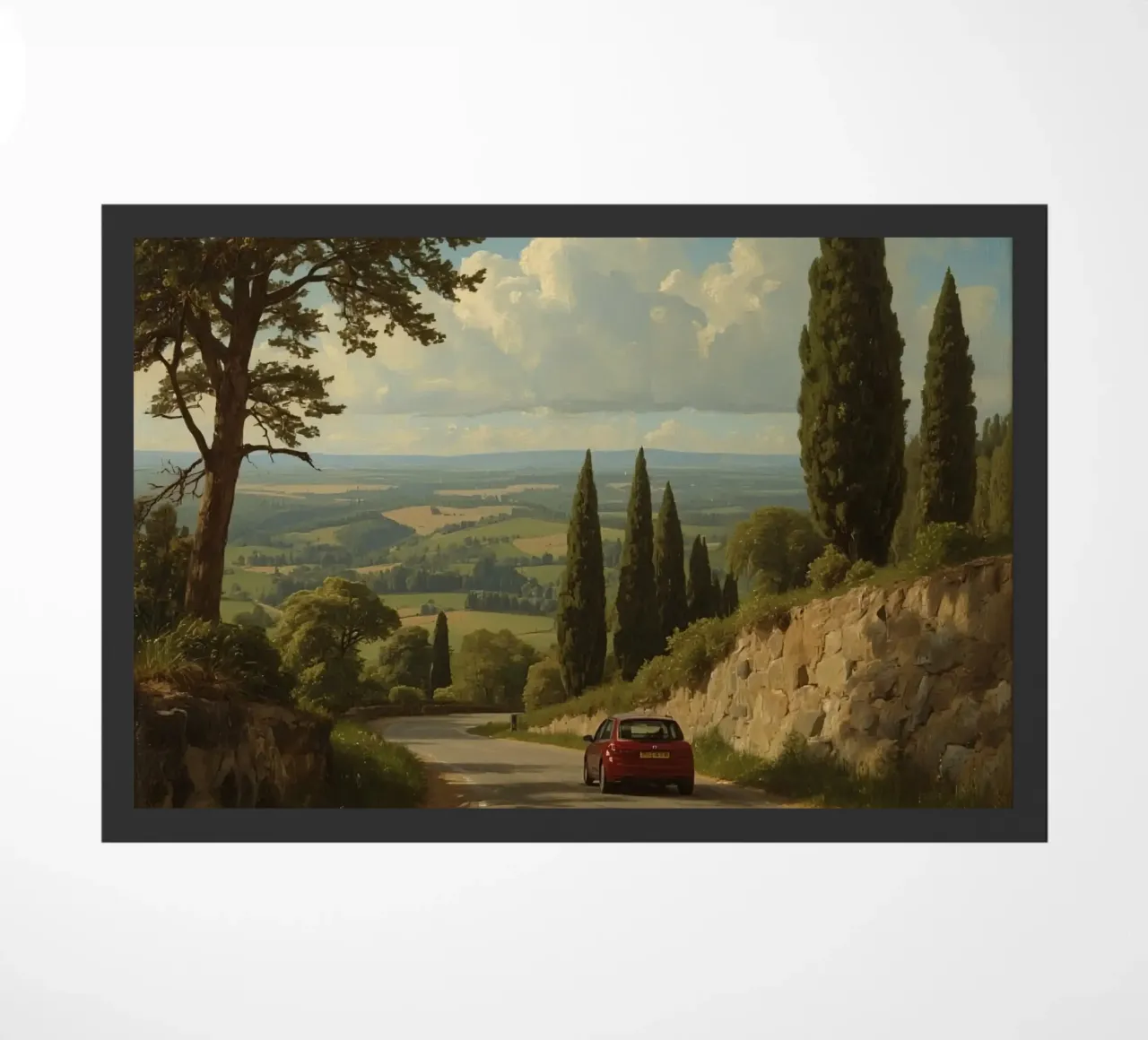 Superbe vue de la campagne avec une voiture roulant le long d'une route sinueuse. paillasson de DesignDoodle