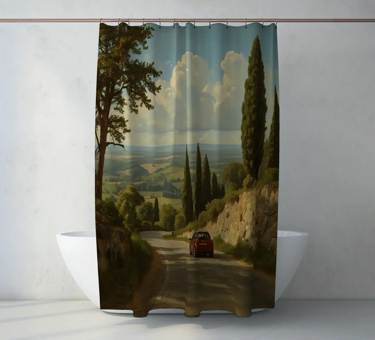 Superbe vue de la campagne avec une voiture roulant le long d'une route sinueuse. rideau de douche de DesignDoodle