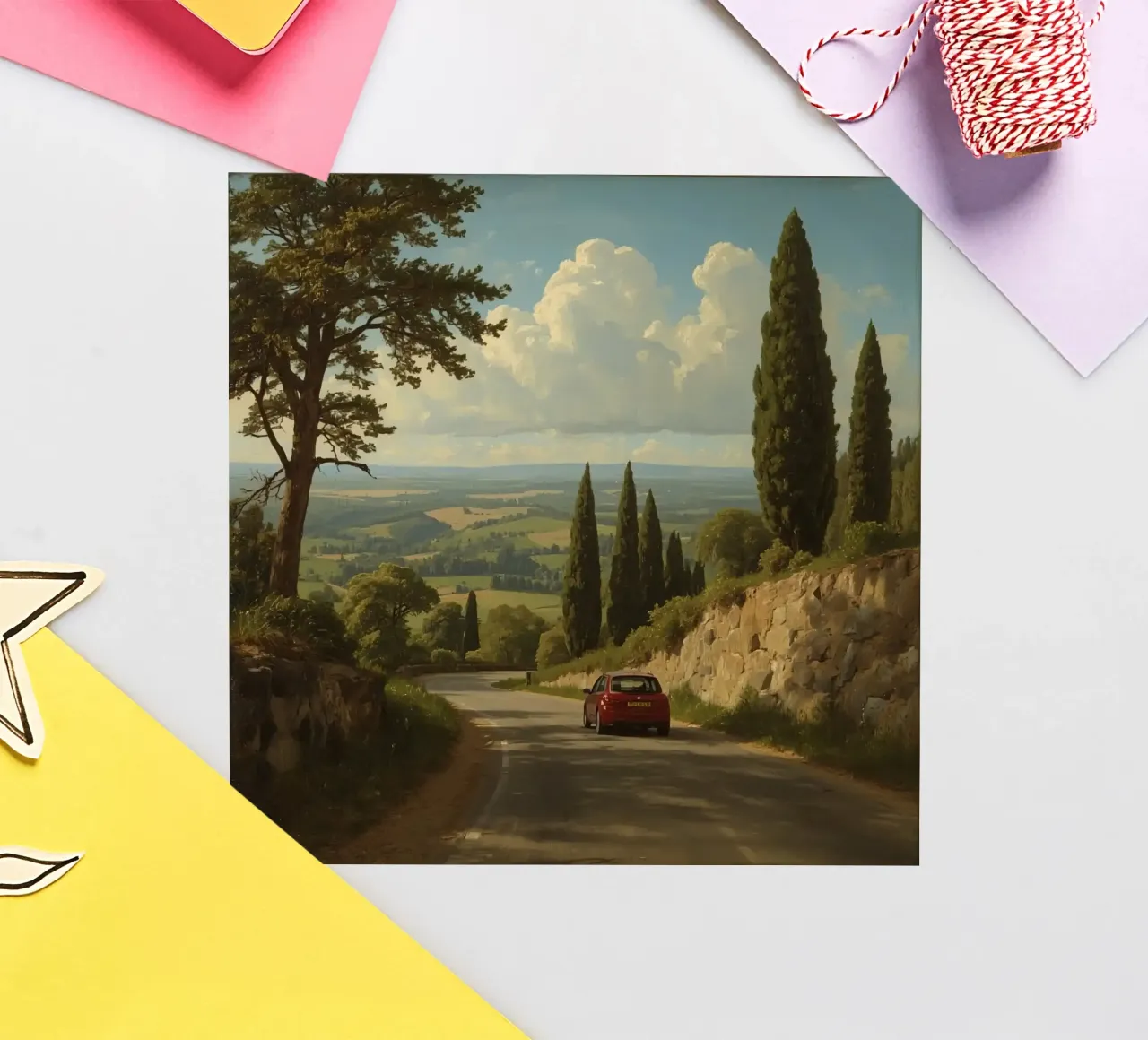 Superbe vue de la campagne avec une voiture roulant le long d'une route sinueuse. autocollant de DesignDoodle