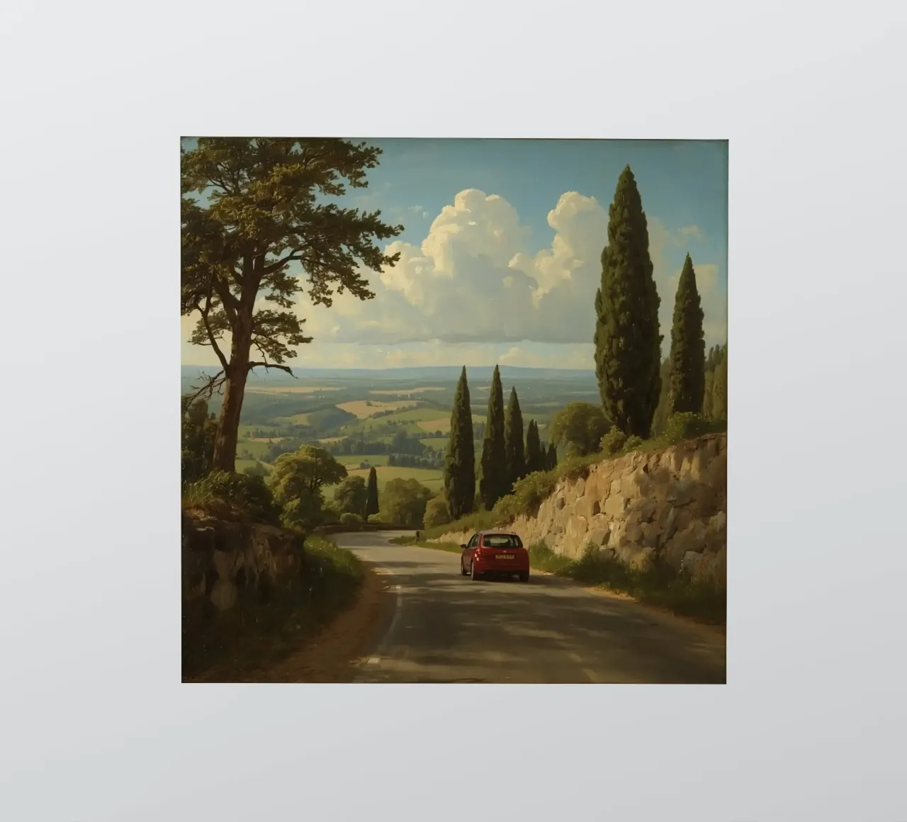 Superbe vue de la campagne avec une voiture roulant le long d'une route sinueuse. autocollant de DesignDoodle