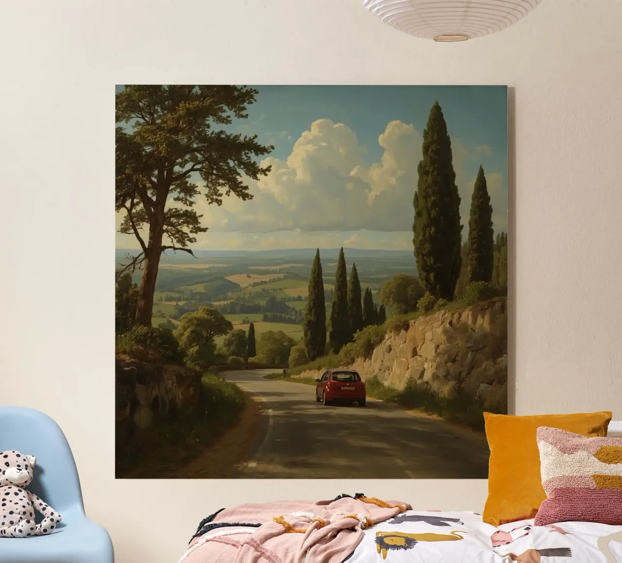 Superbe vue de la campagne avec une voiture roulant le long d'une route sinueuse. plexiglas de DesignDoodle