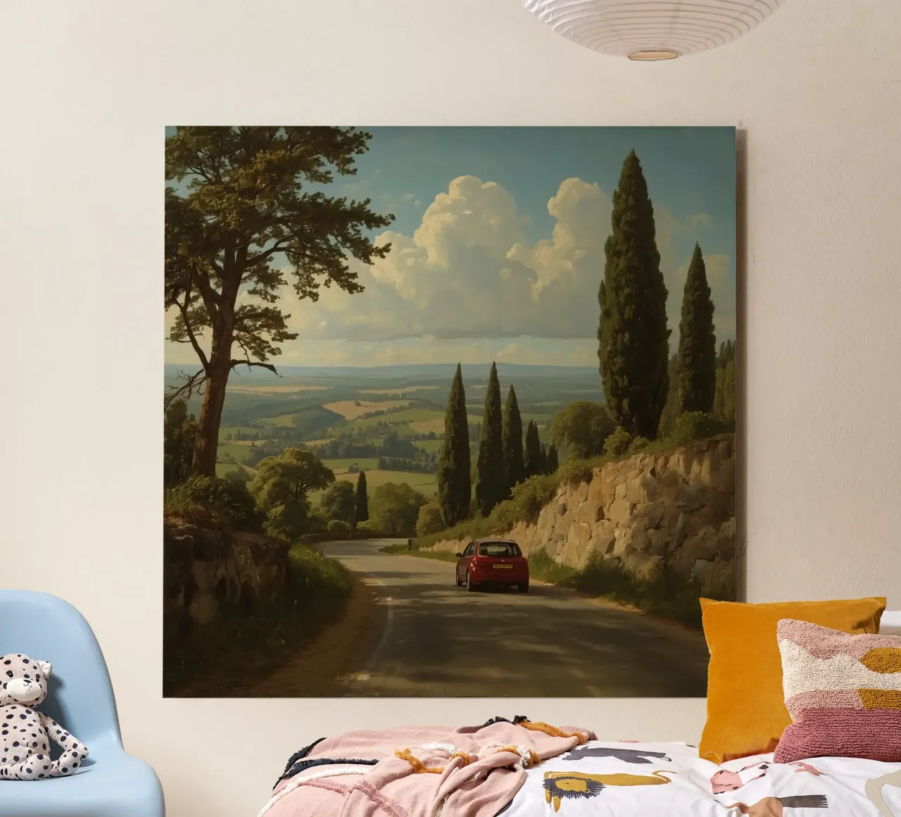 Superbe vue de la campagne avec une voiture roulant le long d'une route sinueuse. alu dibond de DesignDoodle