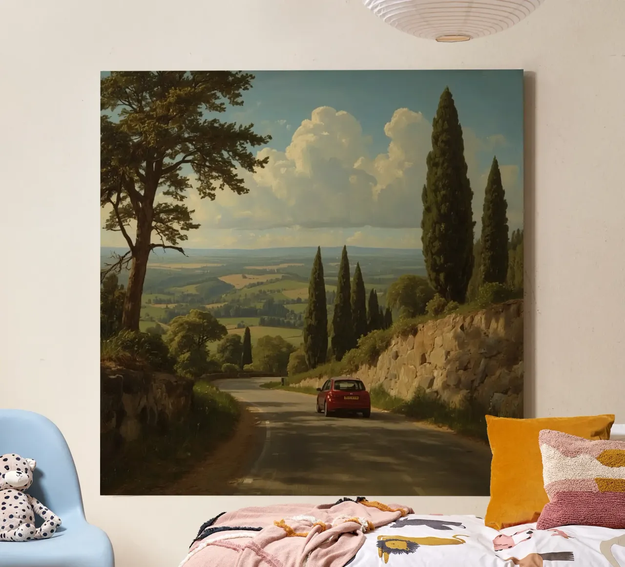 Splendida vista sulla campagna con un'auto che percorre una strada tortuosa tela con Cornice a cassetta da DesignDoodle