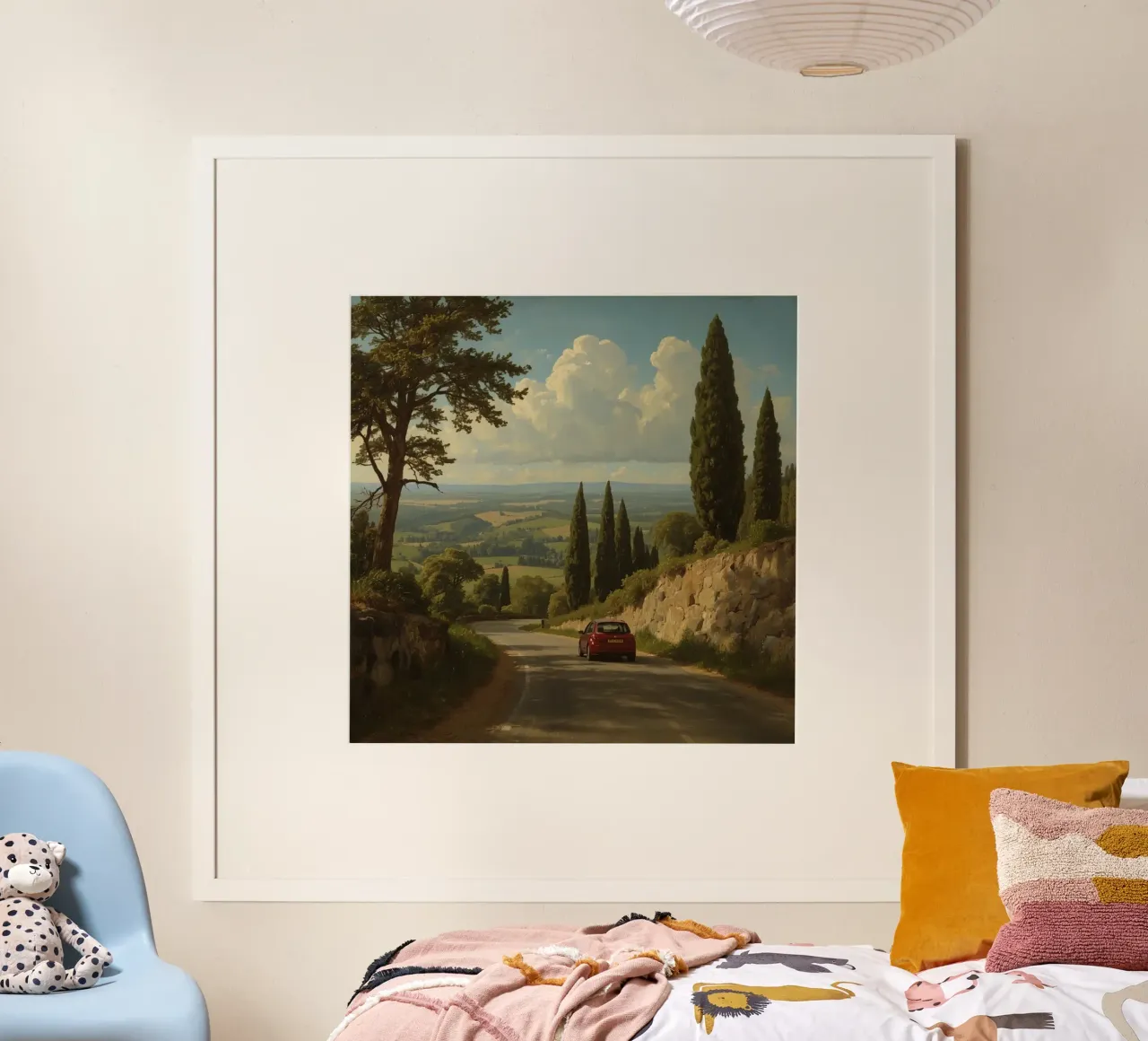 Splendida vista sulla campagna con un'auto che percorre una strada tortuosa poster con telaio in alluminio da DesignDoodle