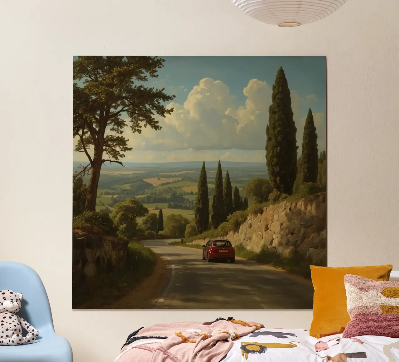 Splendida vista sulla campagna con un'auto che percorre una strada tortuosa poster con telaio in alluminio da DesignDoodle