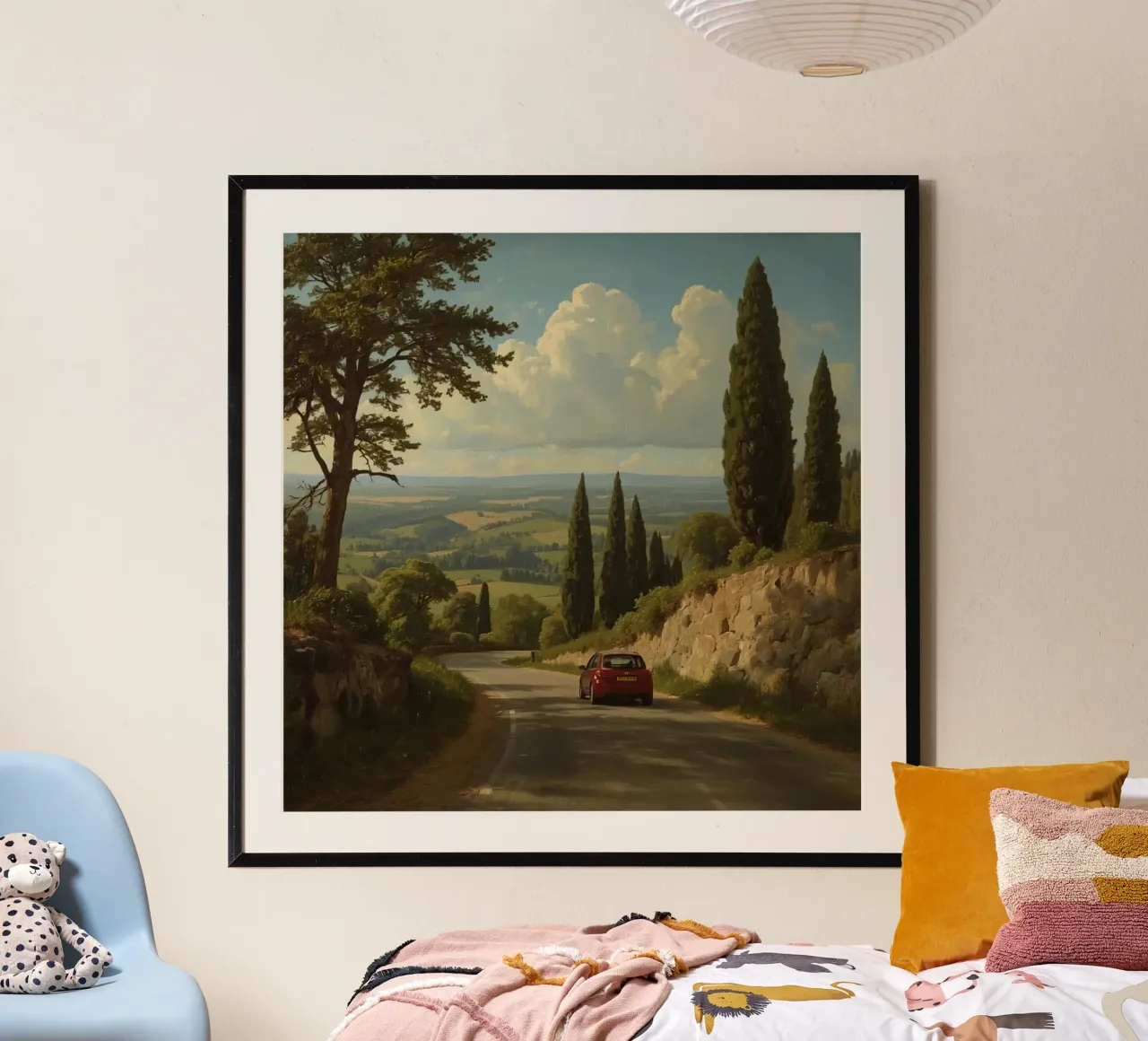 Splendida vista sulla campagna con un'auto che percorre una strada tortuosa poster con telaio in alluminio da DesignDoodle