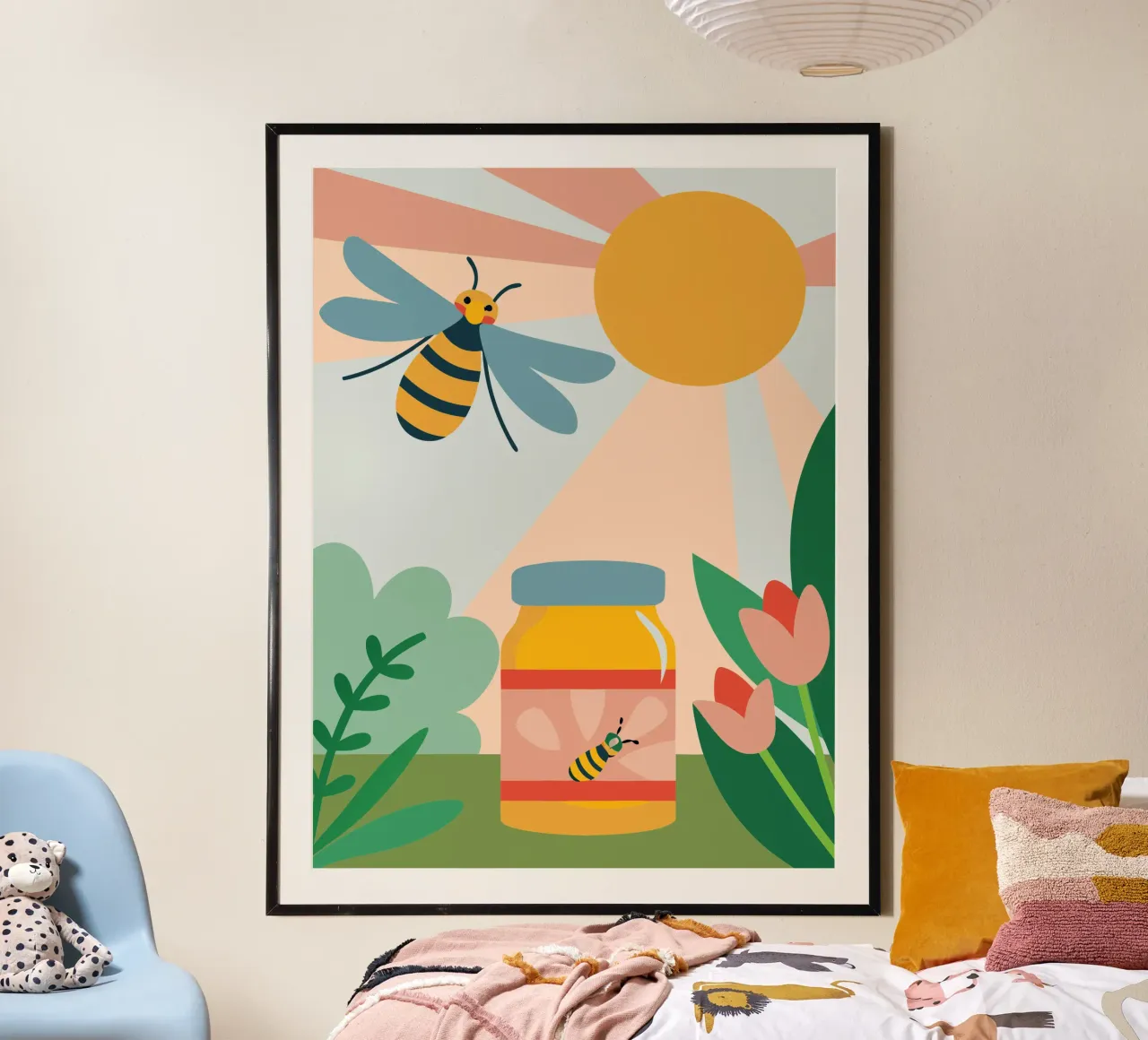 Api e miele poster con telaio in alluminio da CUTE ANIMALS