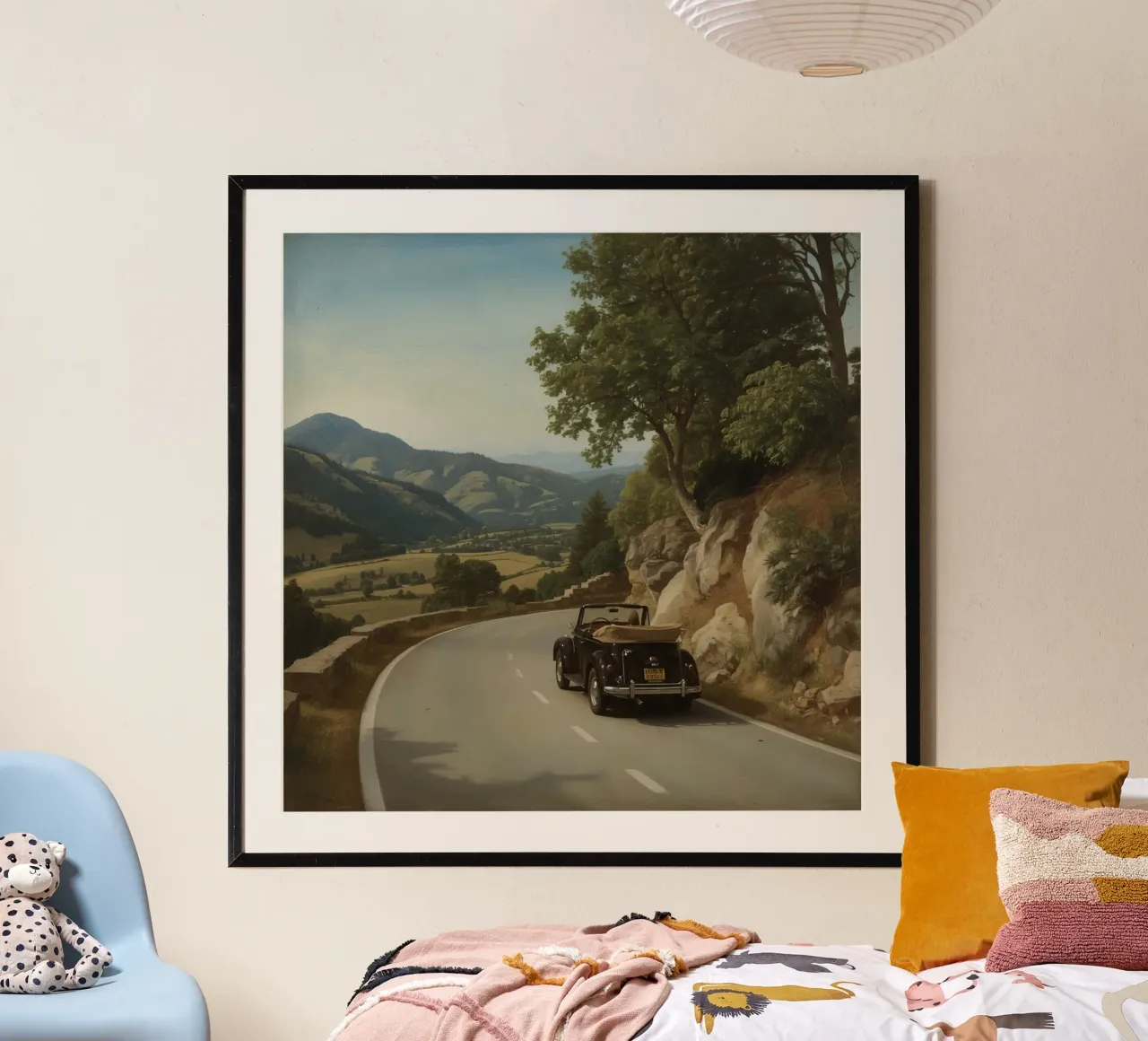 Oldtimer fährt auf kurvenreicher Straße durch bergiges Poster von DesignDoodle