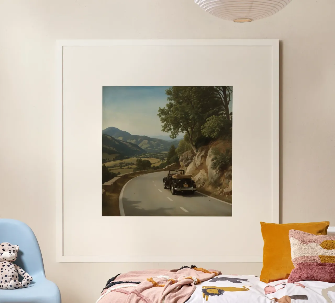 Oldtimer fährt auf kurvenreicher Straße durch bergiges Poster von DesignDoodle