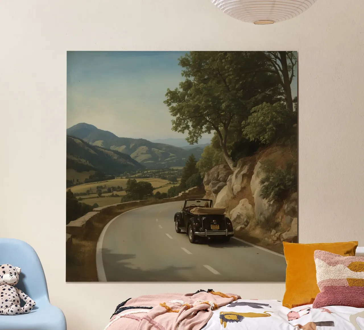 Oldtimer fährt auf kurvenreicher Straße durch bergiges Poster von DesignDoodle