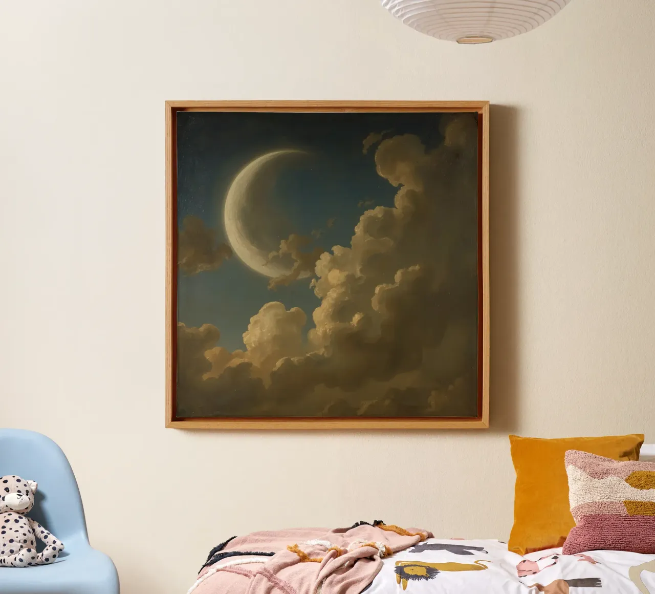 Moon illuminated by clouds in a nighttime sky canvas with Floater frame by DesignDoodle