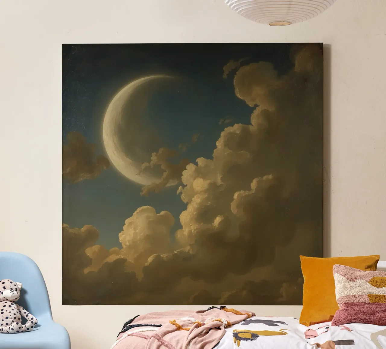 Moon illuminated by clouds in a nighttime sky canvas with Floater frame by DesignDoodle