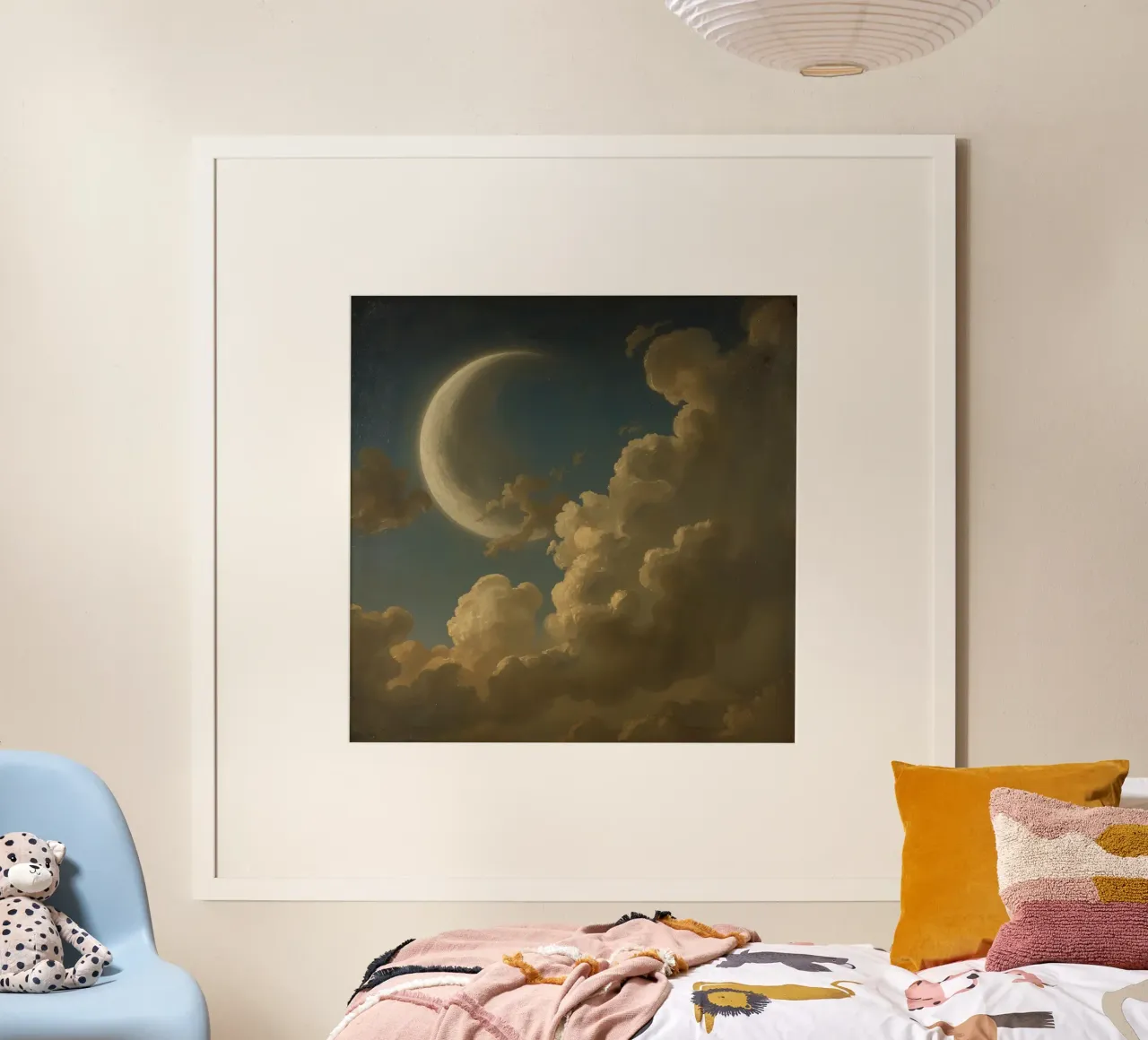 Luna illuminata dalle nuvole in un cielo notturno poster con telaio in plastica da DesignDoodle