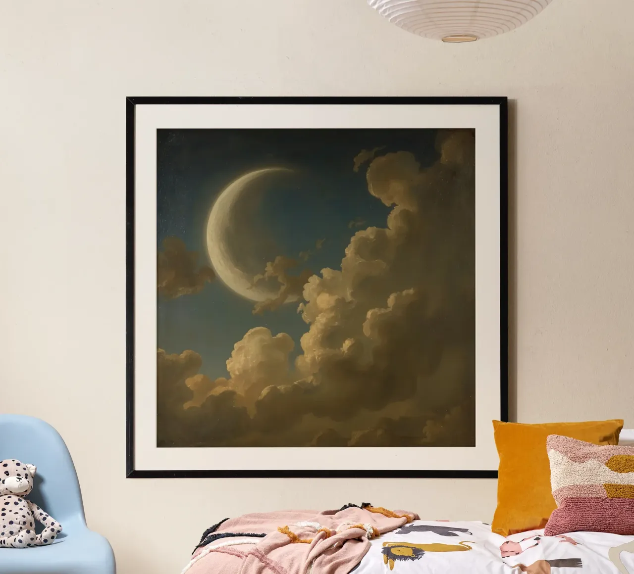 Luna illuminata dalle nuvole in un cielo notturno poster con telaio in plastica da DesignDoodle