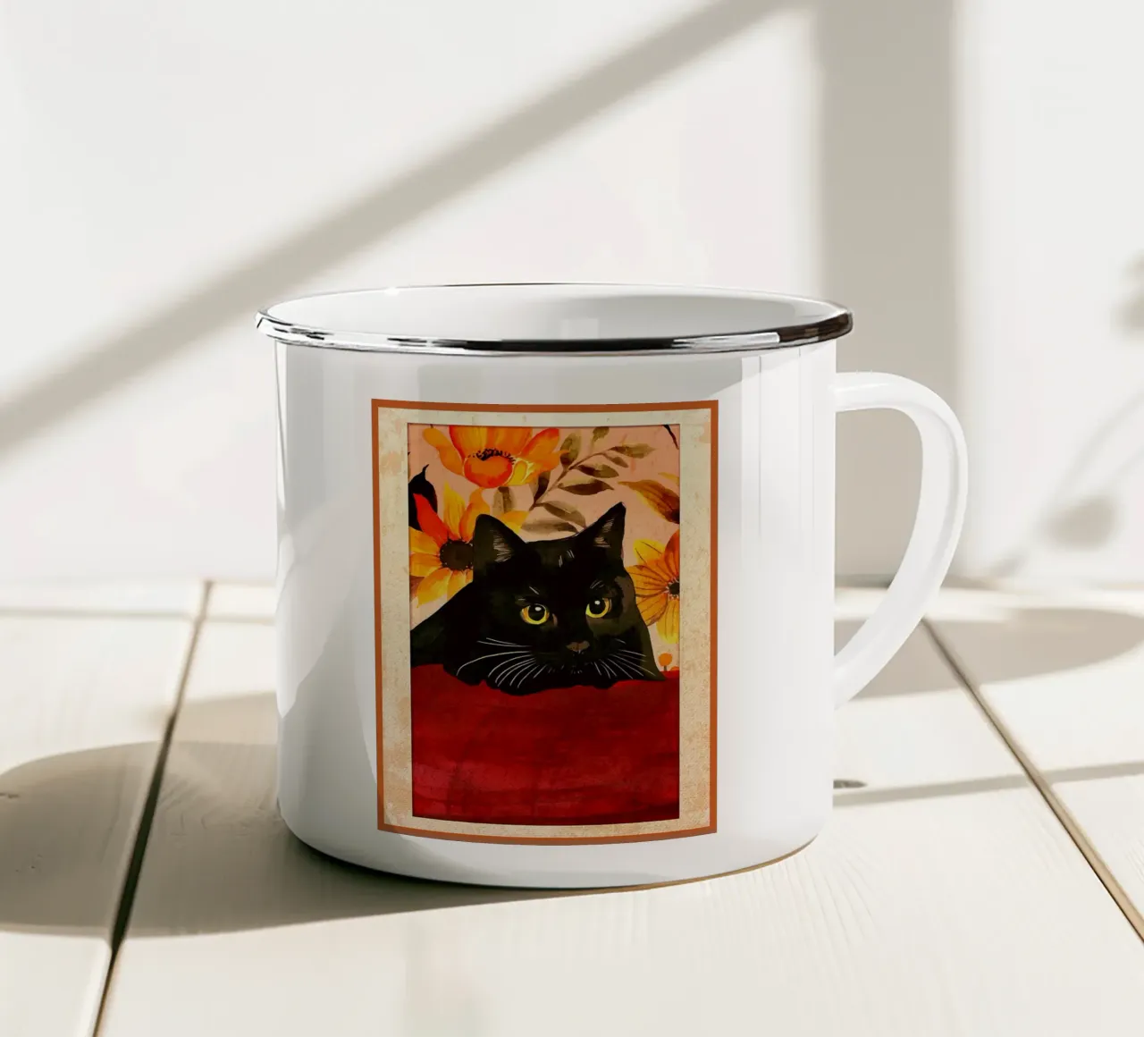 zwarte kat kattenogen gele ogen emaille mok van CourtneyStudio