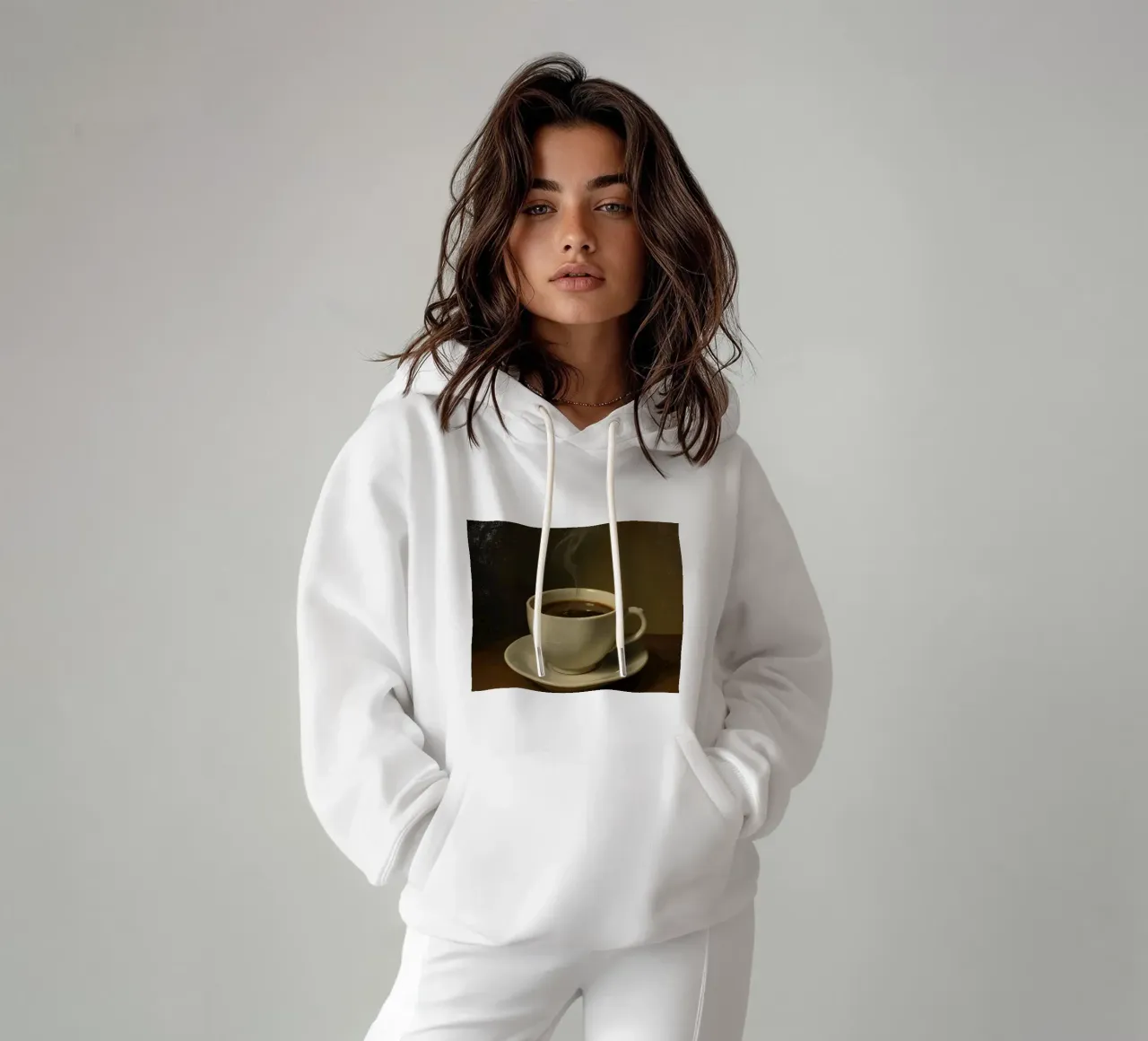 Tazza da caffè con vapore appoggiata su un piattino in un ambiente caldo felpa con cappuccio da DesignDoodle