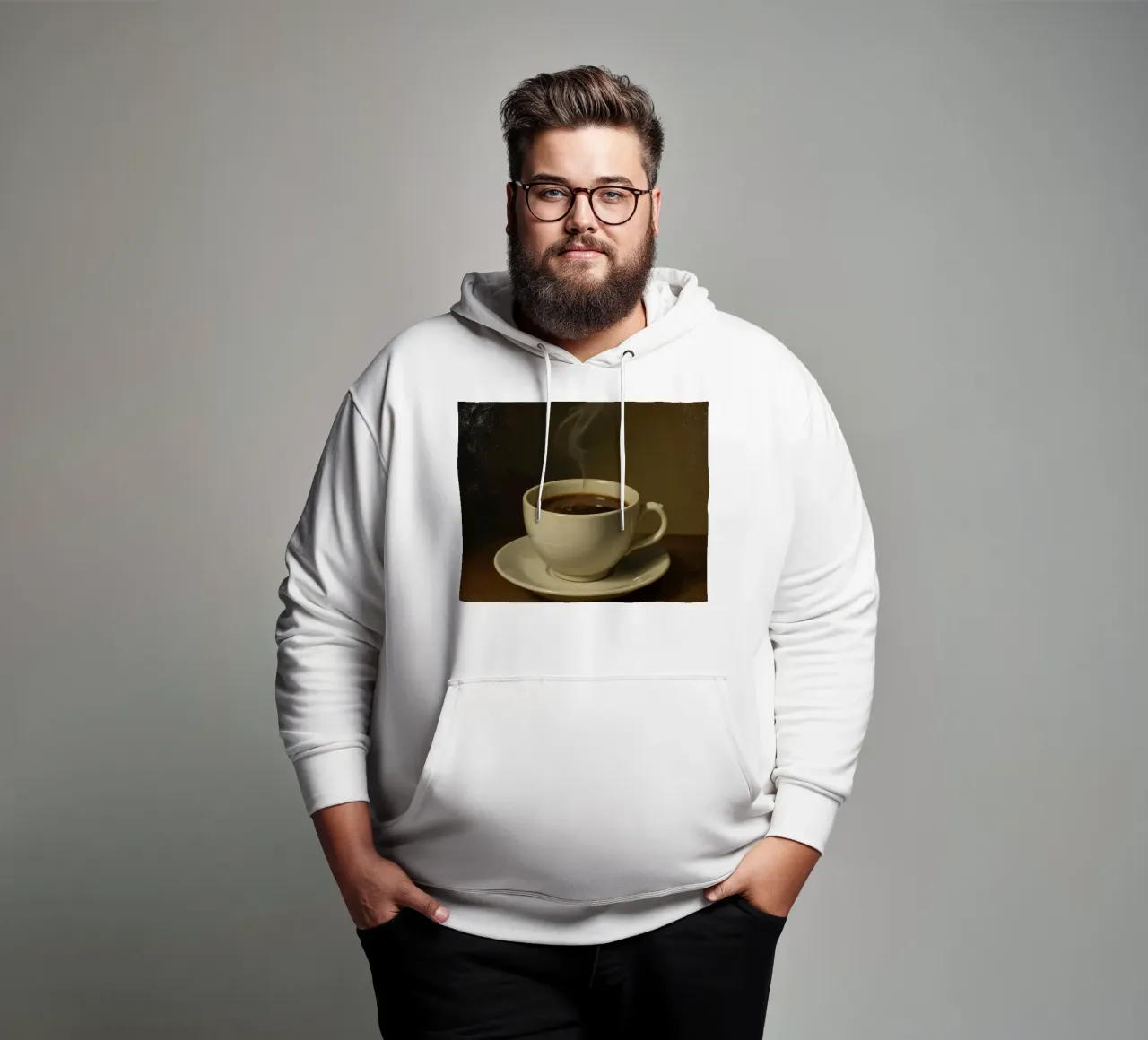 Tazza da caffè con vapore appoggiata su un piattino in un ambiente caldo felpa con cappuccio da DesignDoodle