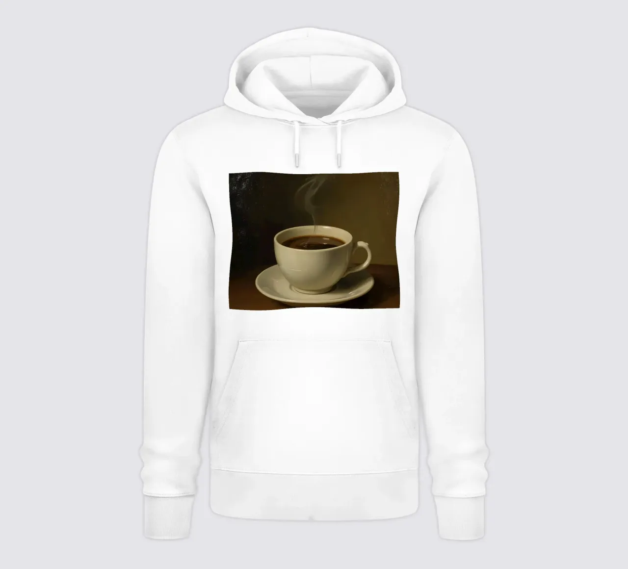 Tazza da caffè con vapore appoggiata su un piattino in un ambiente caldo felpa con cappuccio da DesignDoodle