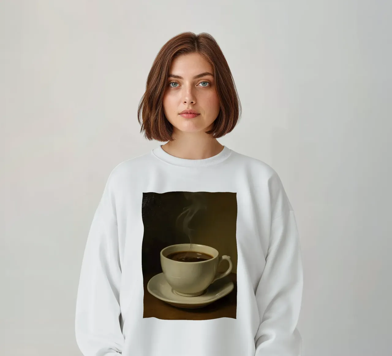 Tazza da caffè con vapore appoggiata su un piattino in un ambiente caldo felpa da DesignDoodle