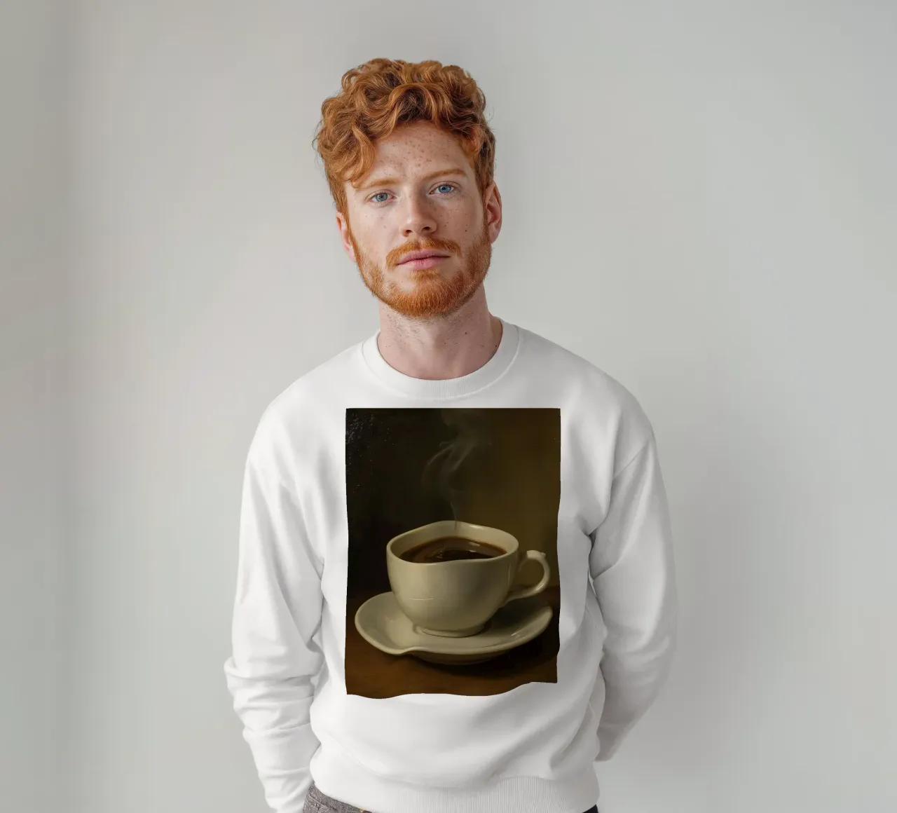Tazza da caffè con vapore appoggiata su un piattino in un ambiente caldo felpa da DesignDoodle