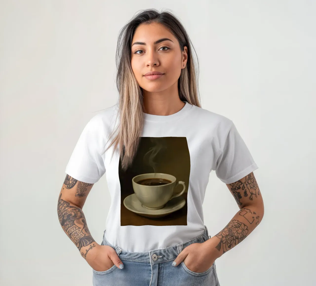 Tazza da caffè con vapore appoggiata su un piattino in un ambiente caldo t-shirt da DesignDoodle