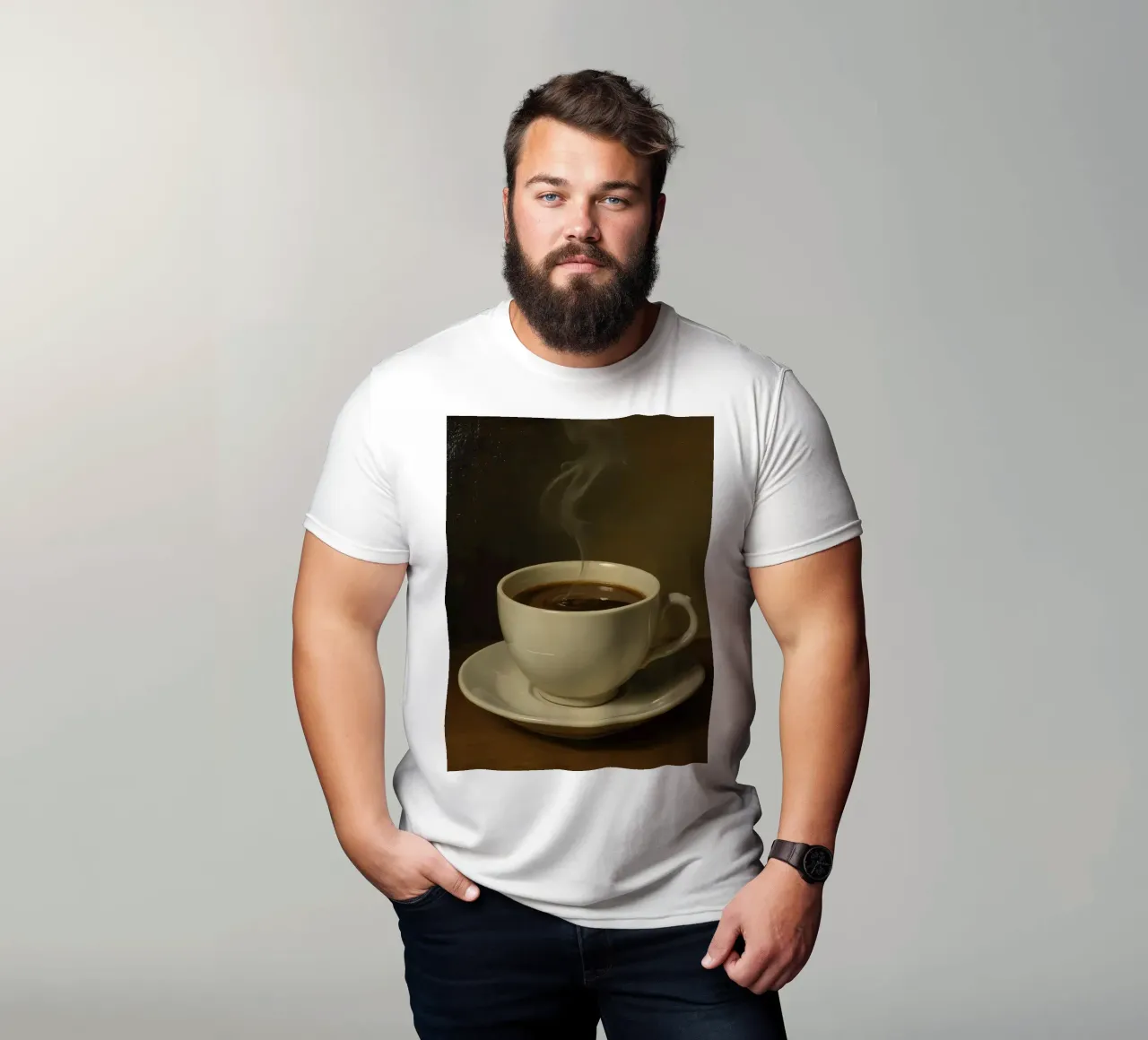 Tazza da caffè con vapore appoggiata su un piattino in un ambiente caldo t-shirt da DesignDoodle