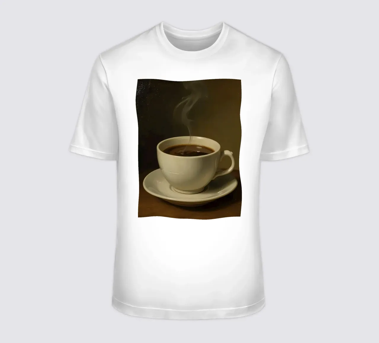 Tazza da caffè con vapore appoggiata su un piattino in un ambiente caldo t-shirt da DesignDoodle