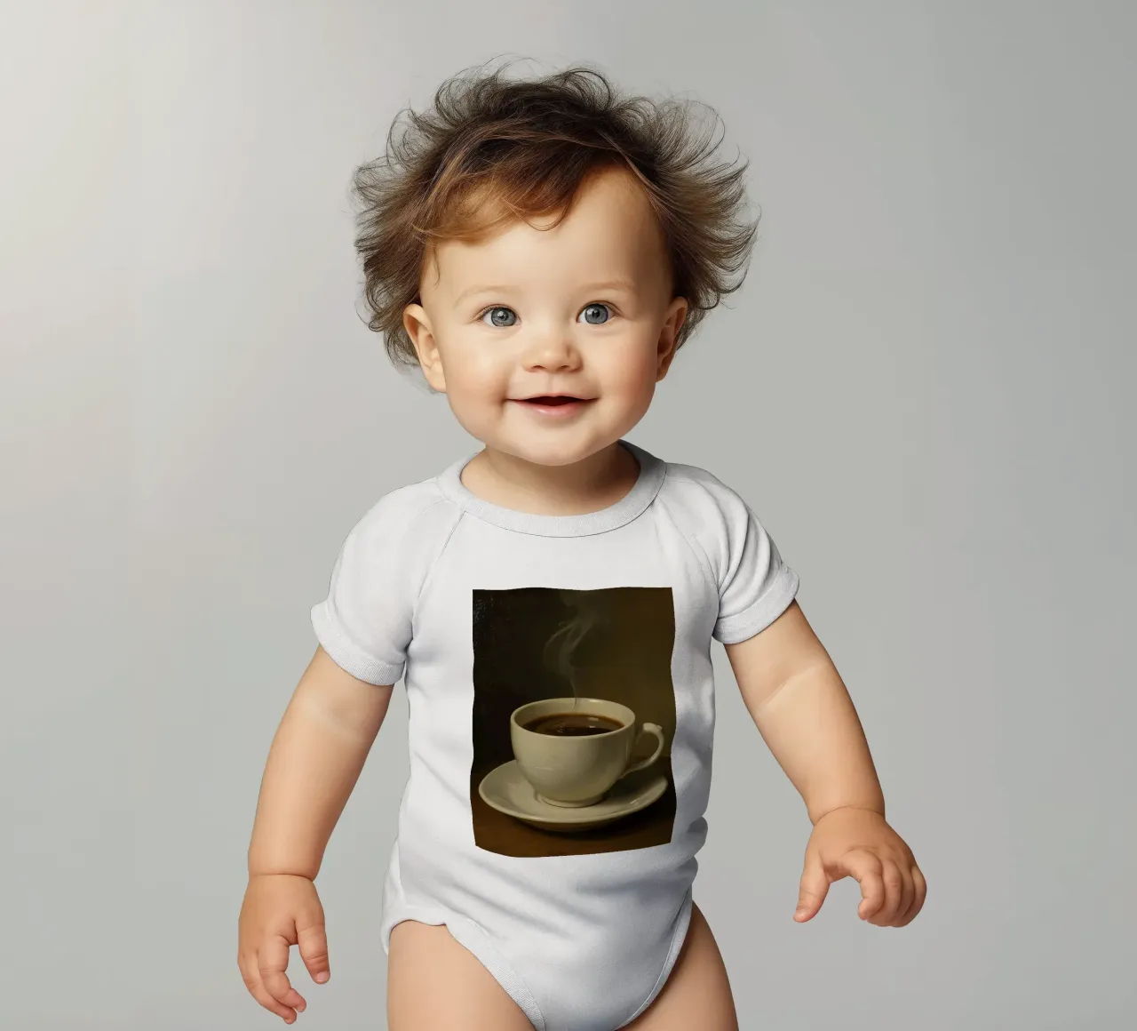 Tazza da caffè con vapore appoggiata su un piattino in un ambiente caldo body neonato maniche corte da DesignDoodle