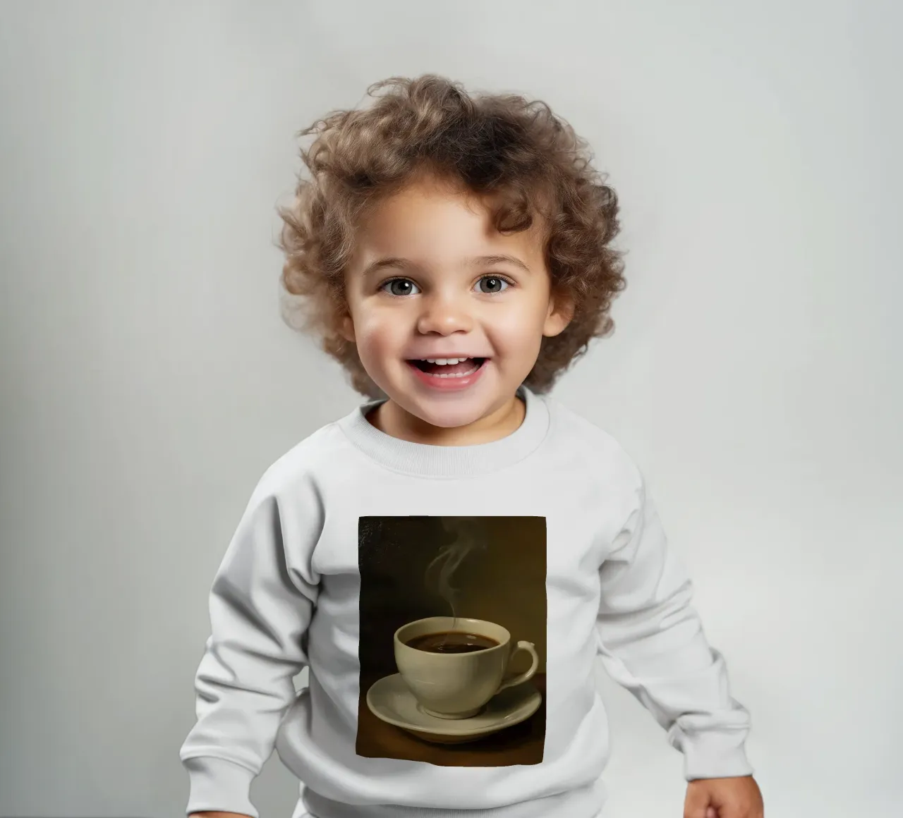 Tazza da caffè con vapore appoggiata su un piattino in un ambiente caldo felpa neonato da DesignDoodle