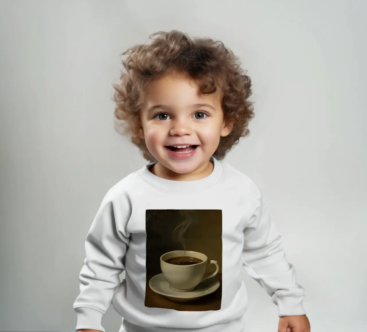 Tazza da caffè con vapore appoggiata su un piattino in un ambiente caldo felpa neonato da DesignDoodle