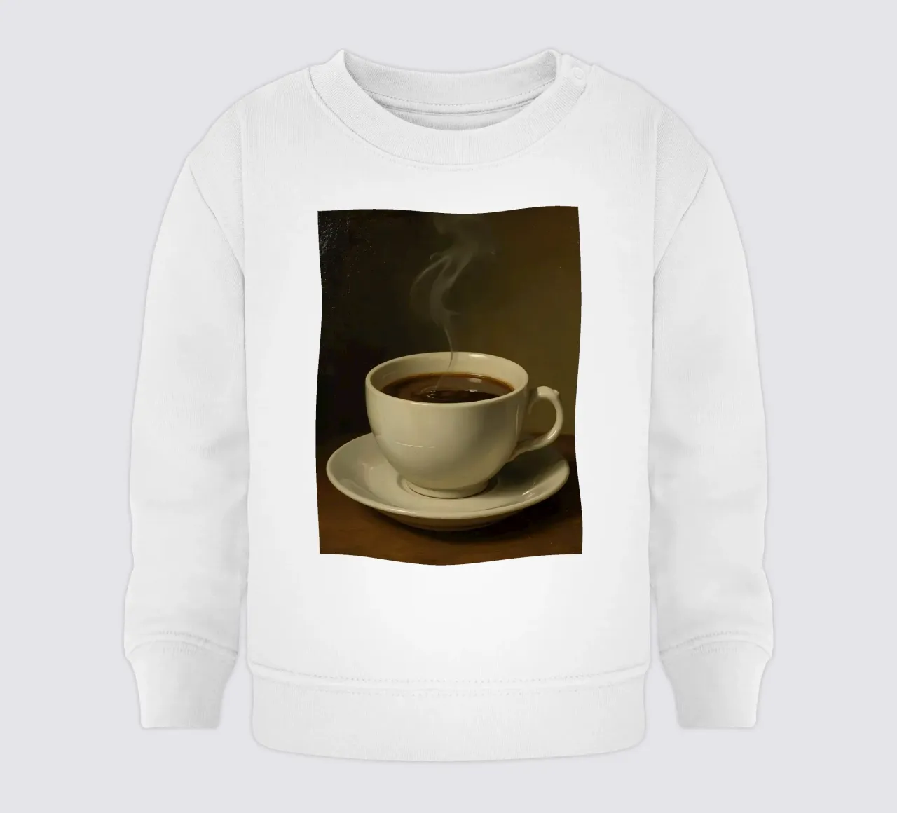 Tazza da caffè con vapore appoggiata su un piattino in un ambiente caldo felpa neonato da DesignDoodle