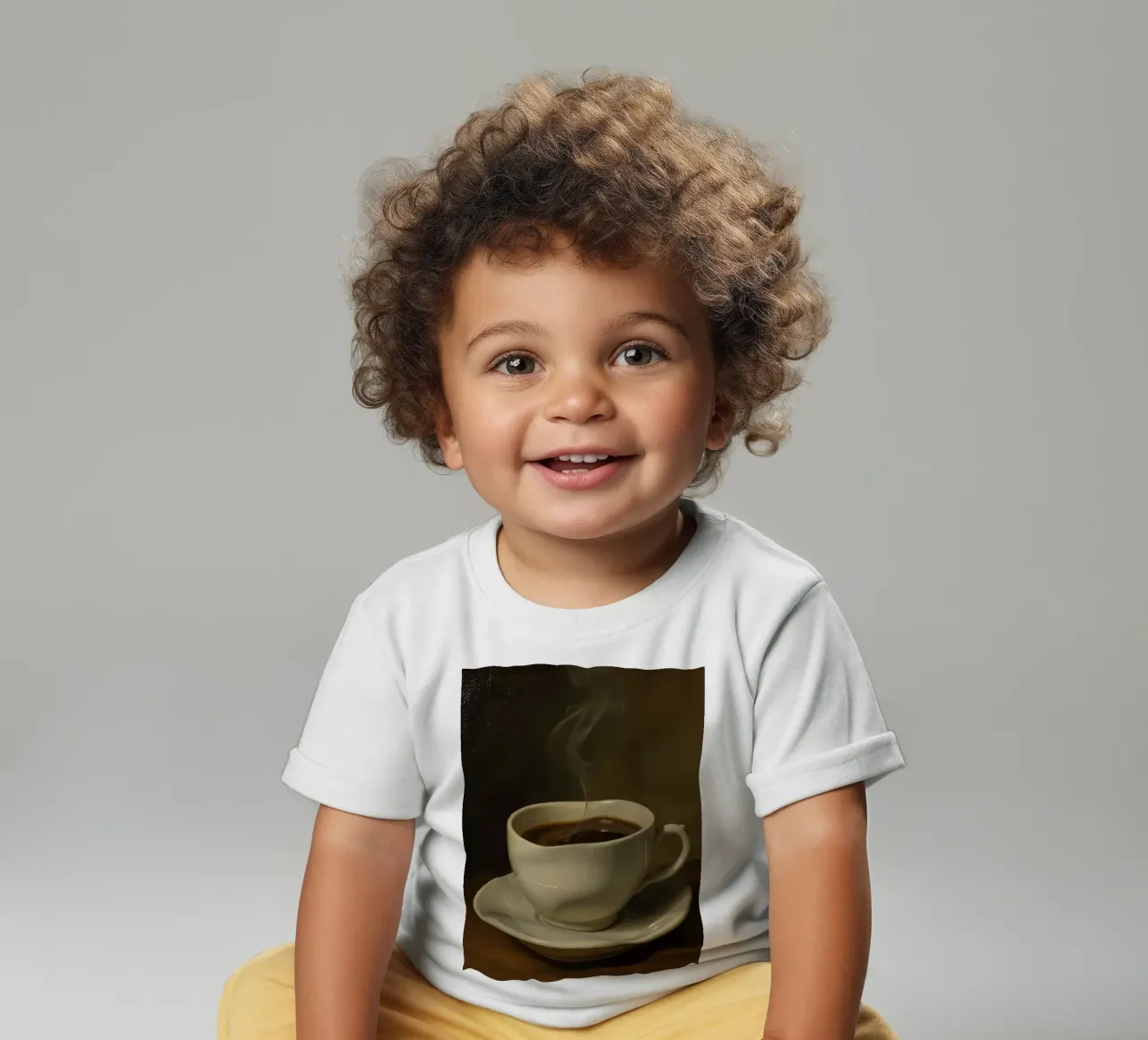Tazza da caffè con vapore appoggiata su un piattino in un ambiente caldo maglietta neonato da DesignDoodle