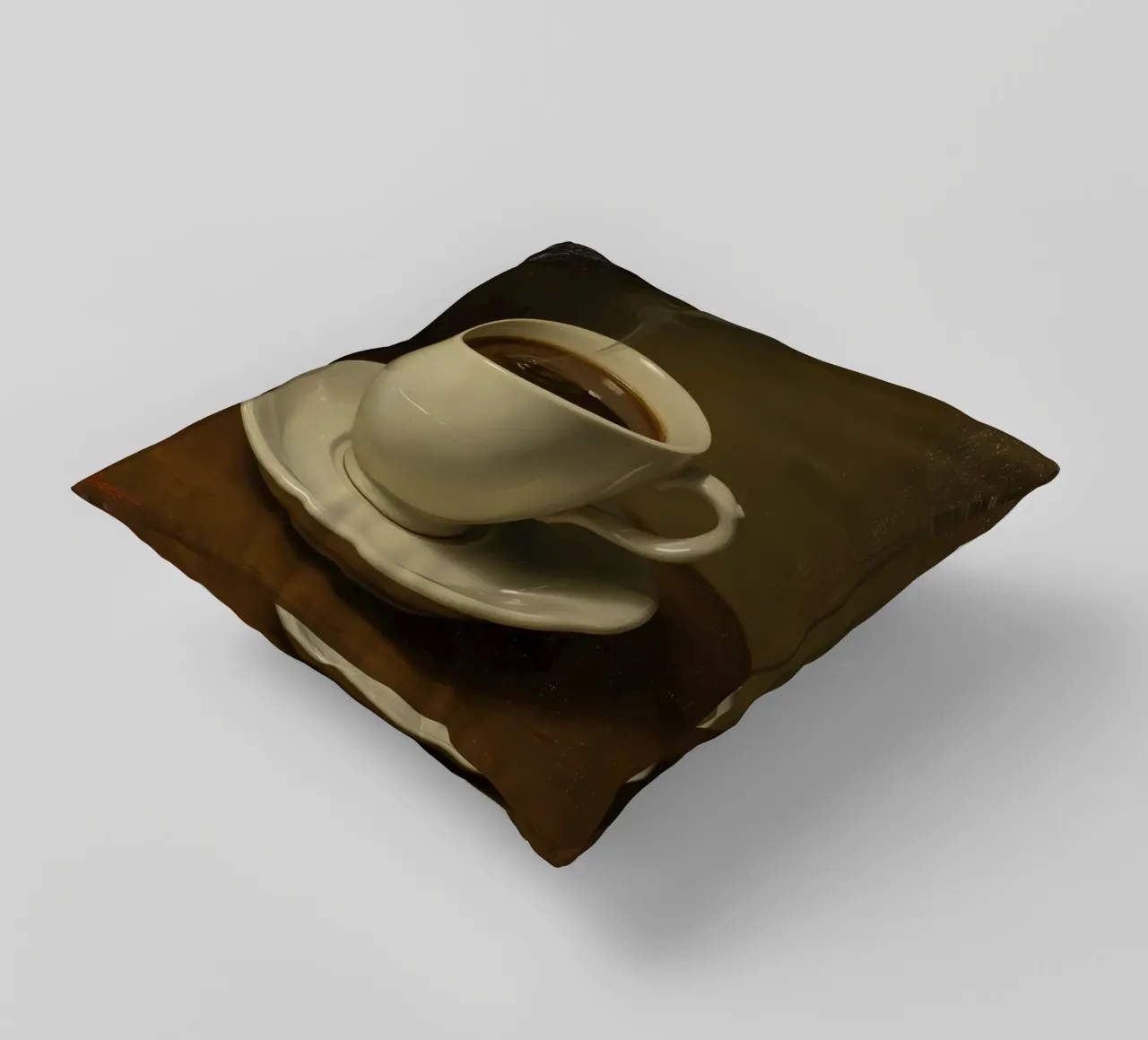 Tazza da caffè con vapore appoggiata su un piattino in un ambiente caldo cuscino da DesignDoodle