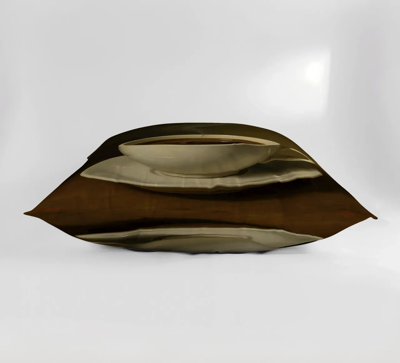 Tazza da caffè con vapore appoggiata su un piattino in un ambiente caldo cuscino da DesignDoodle