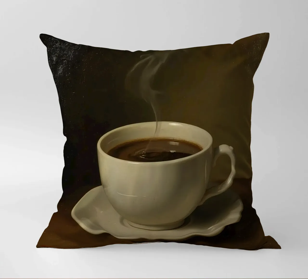 Tazza da caffè con vapore appoggiata su un piattino in un ambiente caldo cuscino da DesignDoodle