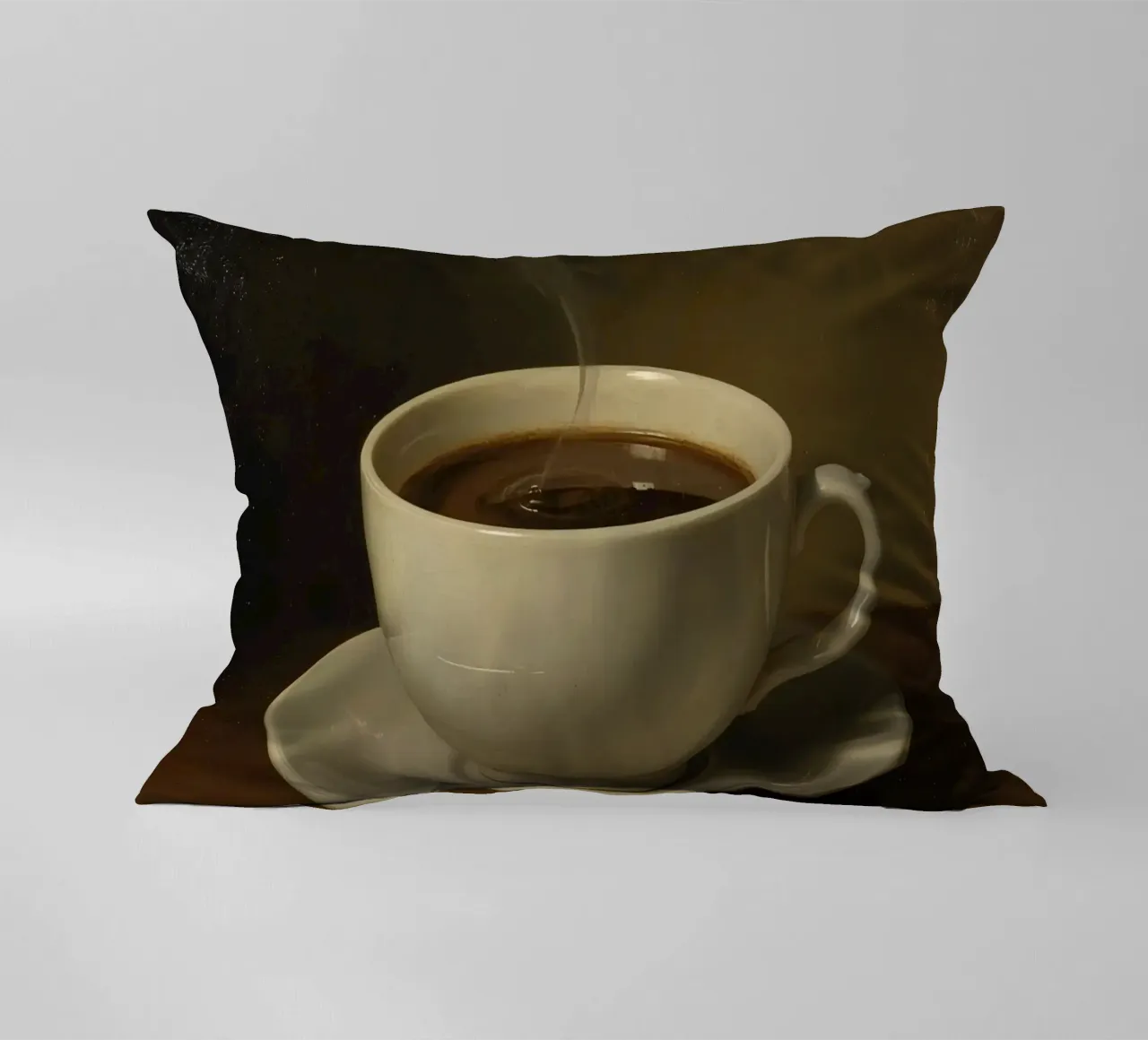 Tazza da caffè con vapore appoggiata su un piattino in un ambiente caldo cuscino da DesignDoodle