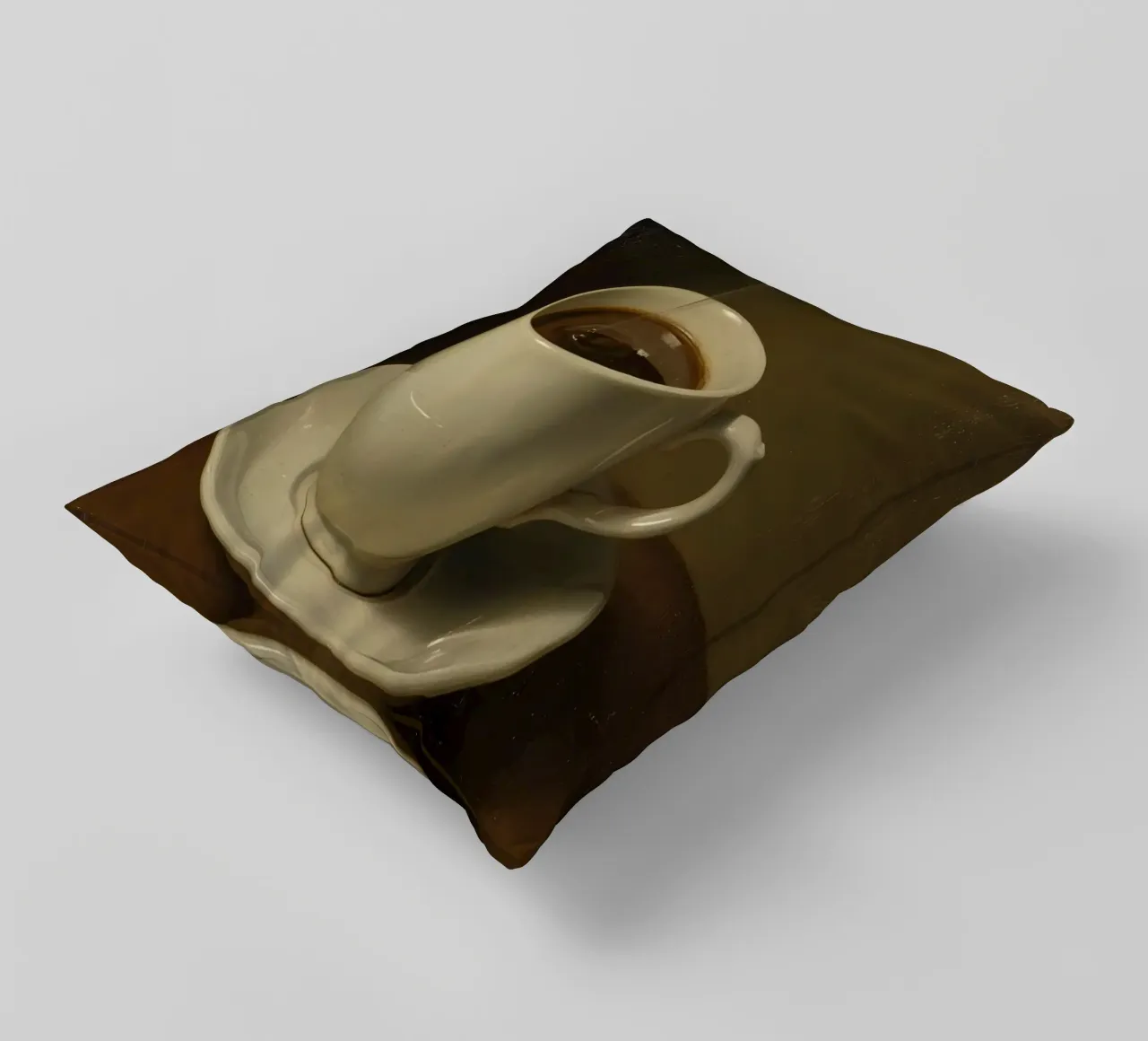 Tazza da caffè con vapore appoggiata su un piattino in un ambiente caldo cuscino da DesignDoodle
