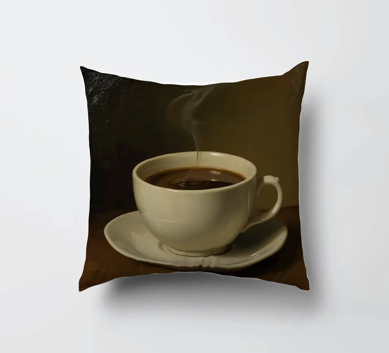 Tazza da caffè con vapore appoggiata su un piattino in un ambiente caldo cuscino da DesignDoodle