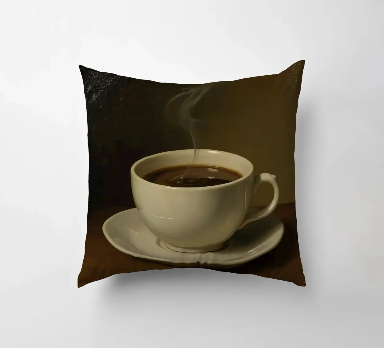 Tazza da caffè con vapore appoggiata su un piattino in un ambiente caldo cuscino da DesignDoodle