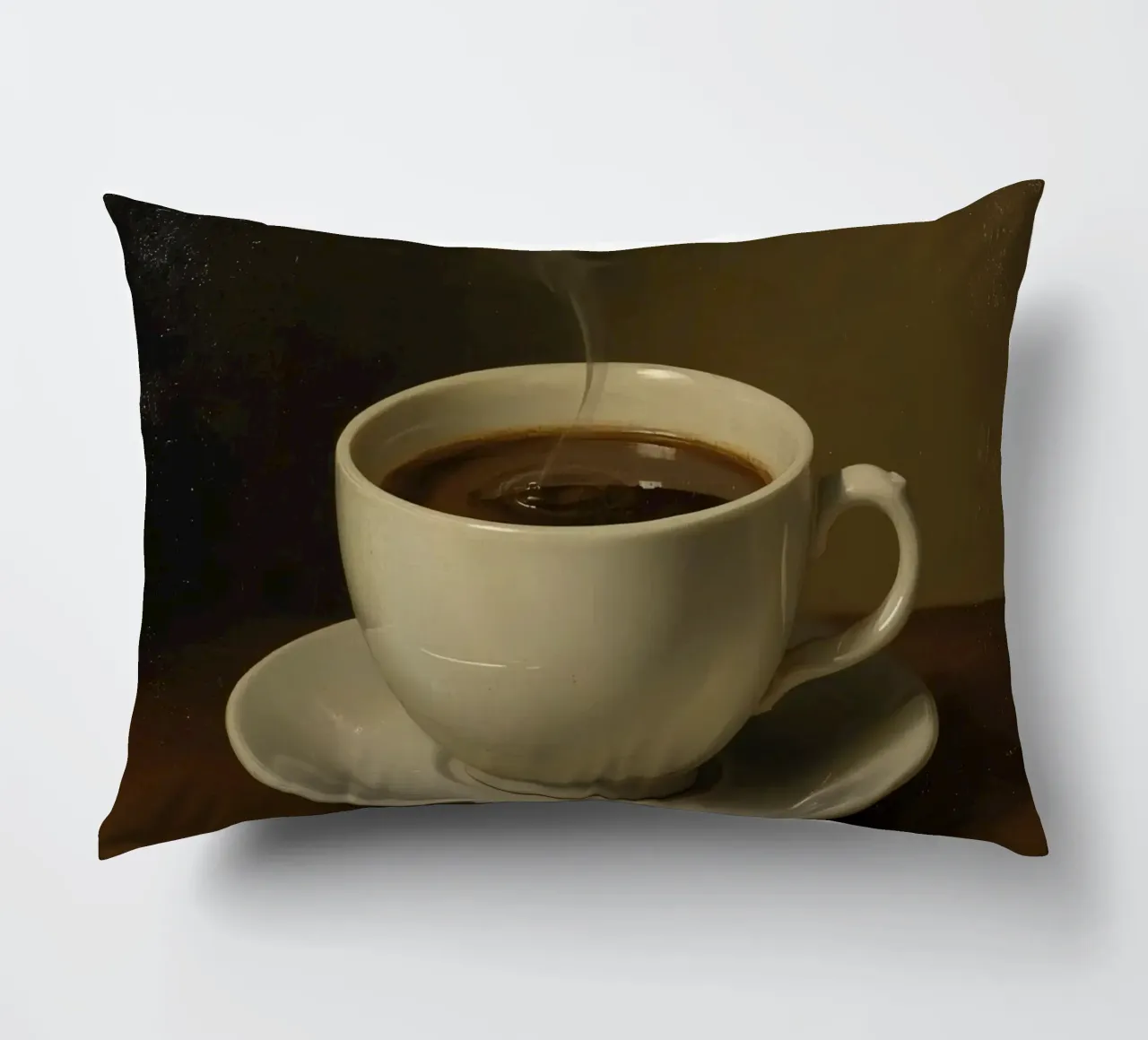 Tazza da caffè con vapore appoggiata su un piattino in un ambiente caldo cuscino da DesignDoodle
