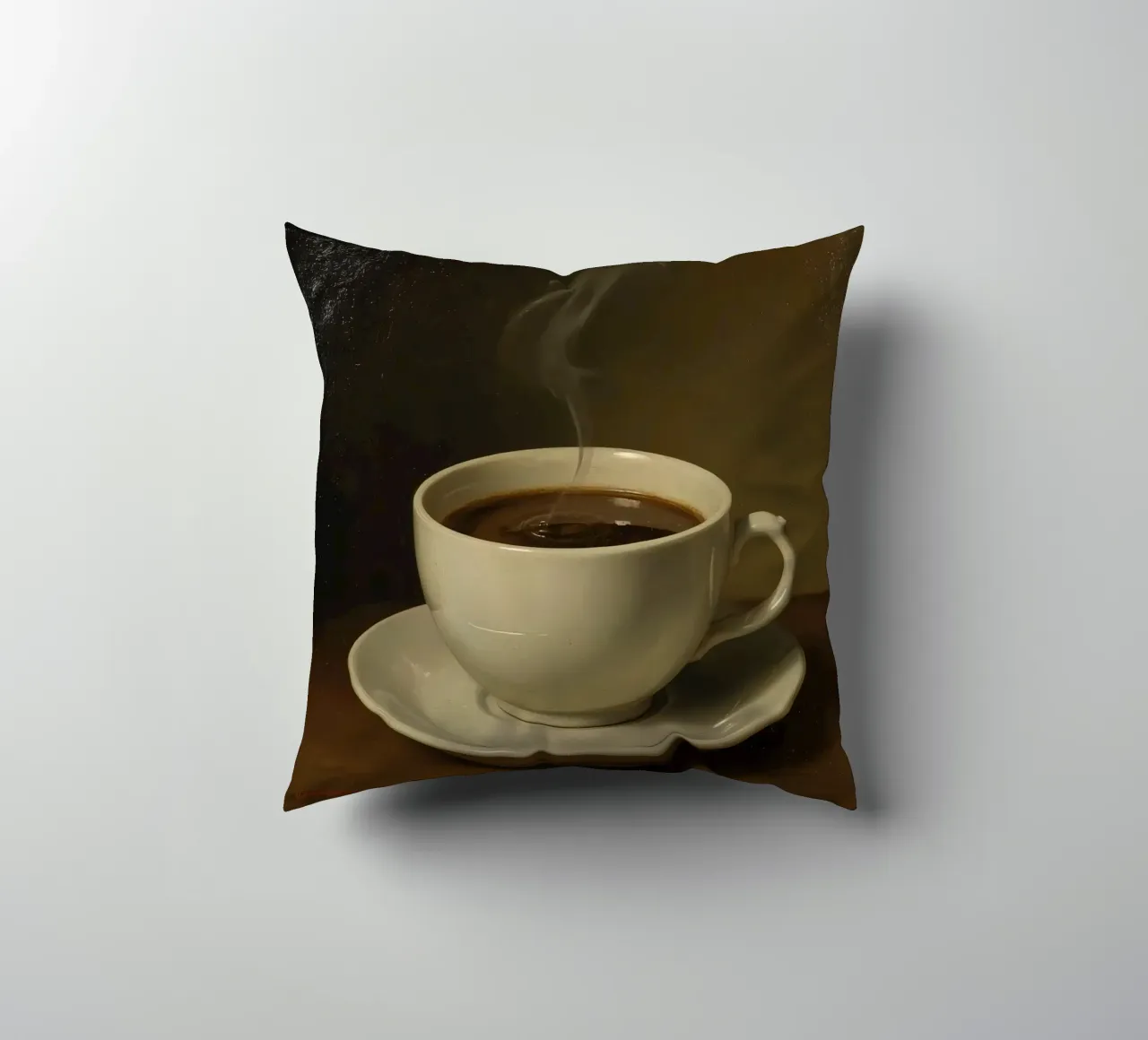 Tazza da caffè con vapore appoggiata su un piattino in un ambiente caldo cuscino da DesignDoodle