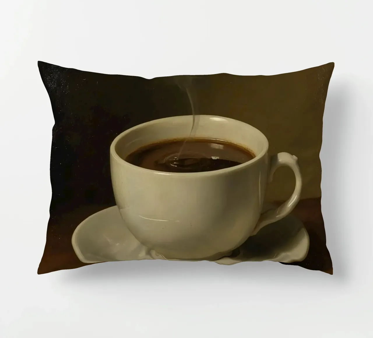 Tazza da caffè con vapore appoggiata su un piattino in un ambiente caldo cuscino da DesignDoodle