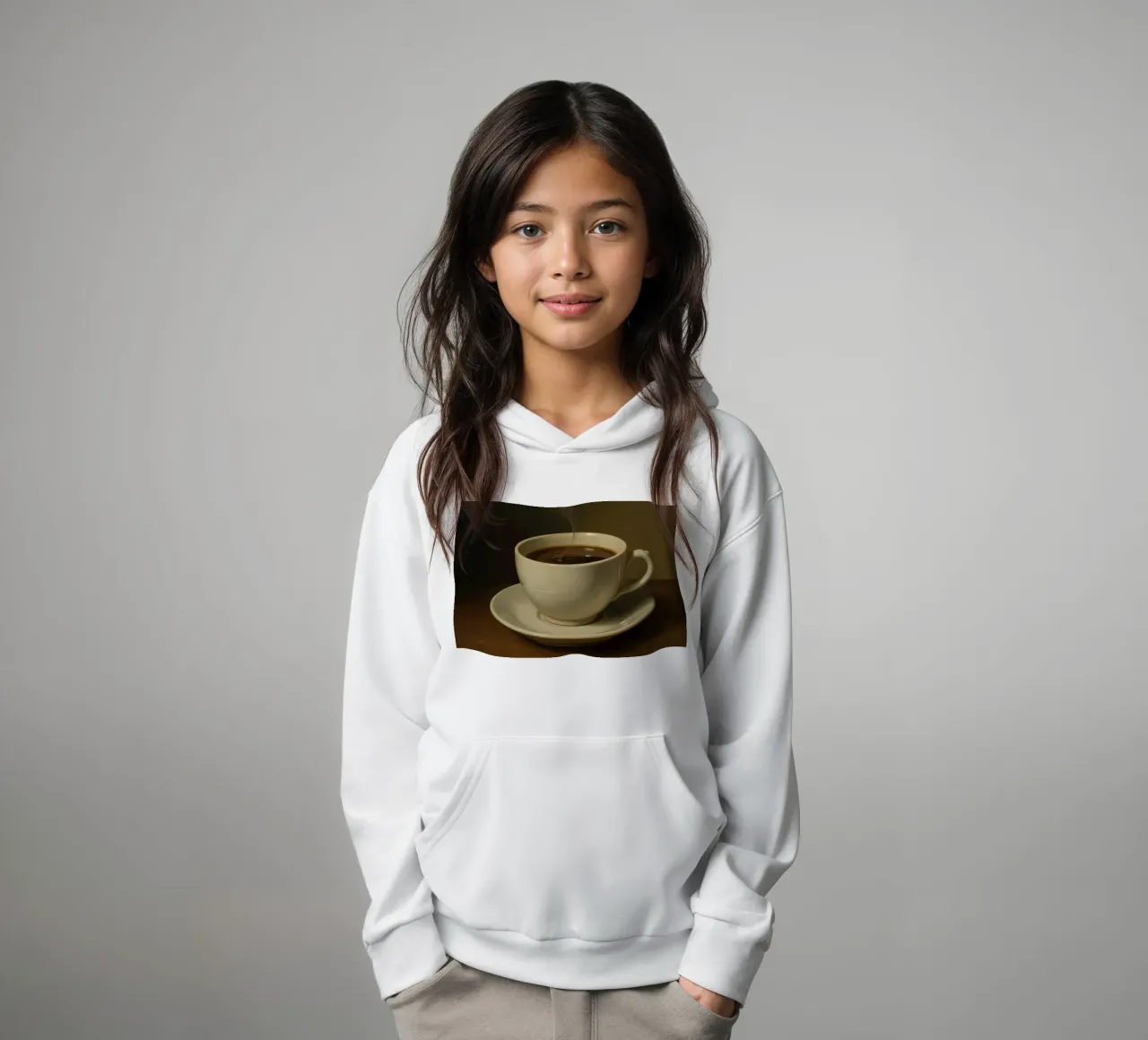 Tazza da caffè con vapore appoggiata su un piattino in un ambiente caldo felpa bambino con cappuccio da DesignDoodle