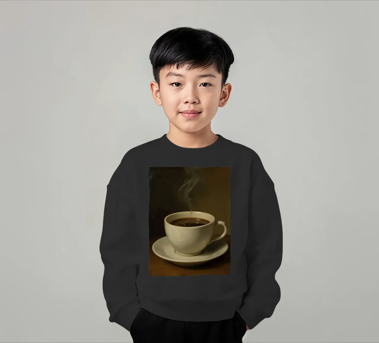 Tazza da caffè con vapore appoggiata su un piattino in un ambiente caldo felpa bambino da DesignDoodle