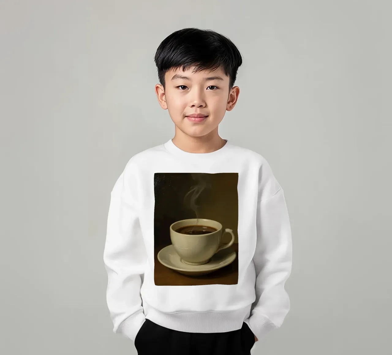 Tazza da caffè con vapore appoggiata su un piattino in un ambiente caldo felpa bambino da DesignDoodle