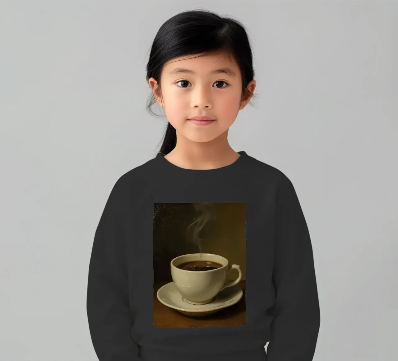 Tazza da caffè con vapore appoggiata su un piattino in un ambiente caldo felpa bambino da DesignDoodle