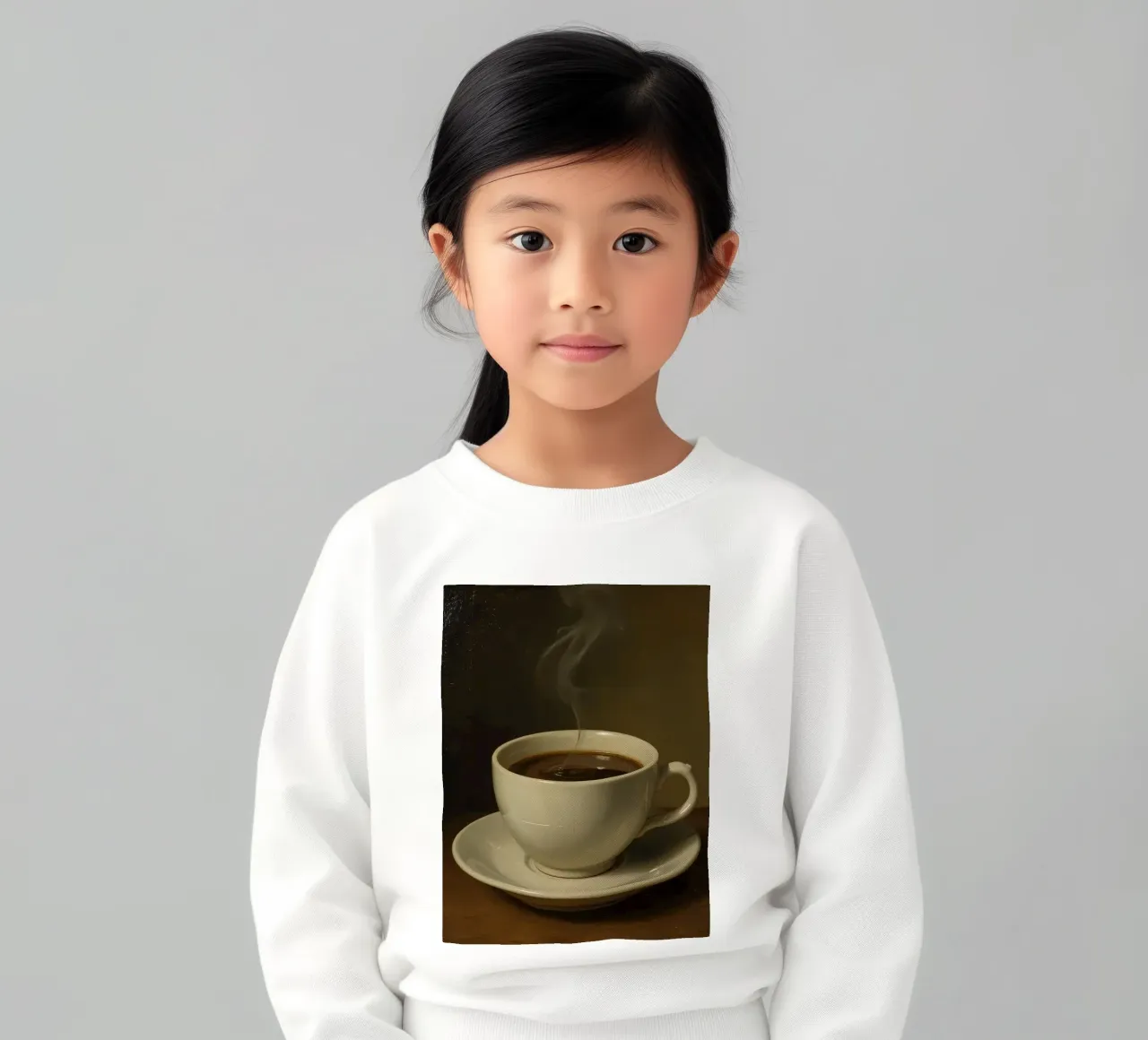 Tazza da caffè con vapore appoggiata su un piattino in un ambiente caldo felpa bambino da DesignDoodle